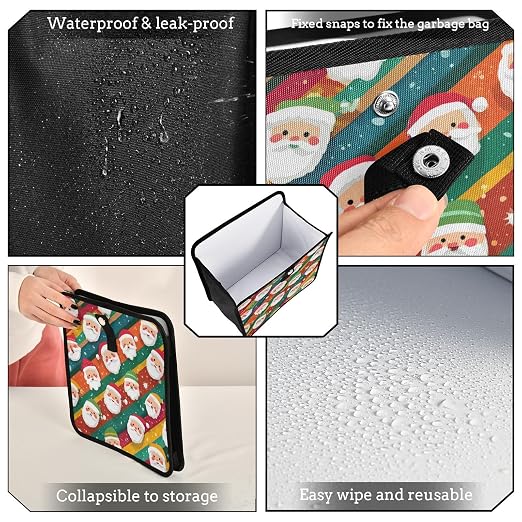 Car Trash Can Organizer Bin with Adjustable Strap for Back Front Seat Console Waterproof Leakproof Collapsible Portable 11 Inch Colorful Diagonal Striped Santa Claus