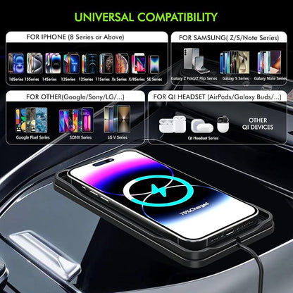 Wireless Car Charger Pad, 15w Fast Car Wireless Chargers Charging pad Non Slip Charger for Car Wireless Phone Charger for iPhone 17/16/15/14/13/12 Pro Max,Samsung S23 S22 S20 for Android, 30cm Cable