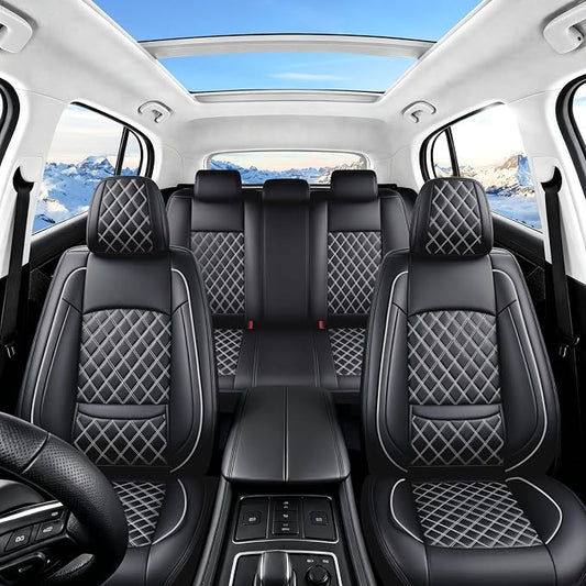 Car Seat Covers Compatible with Hyundai Elantra 2017-2025 2026 - Full Set 5 Seats Luxury Leather All-Weather Seat Cushions & Protectors, Waterproof & Breathable, Airbag Compatible (Whiteline)
