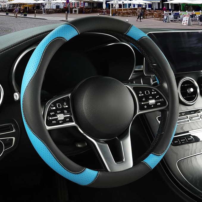 Microfiber Leather Steering Wheel Cover, Breathable, Anti Slip, 13.5 inch to 14 inch, Black with Blue