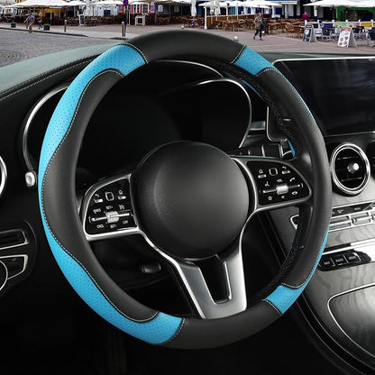 Microfiber Leather Steering Wheel Cover, Breathable, Anti Slip, 13.5 inch to 14 inch, Black with Blue