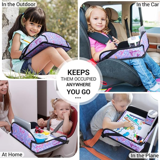 COOLBEBE Kids Travel Tray for Toddler Car Seat, Travel Tray for Airplane, Toddler Car Seat Lap Tray, Carseat Table Tray for Kids Travel Activities (Mermaid