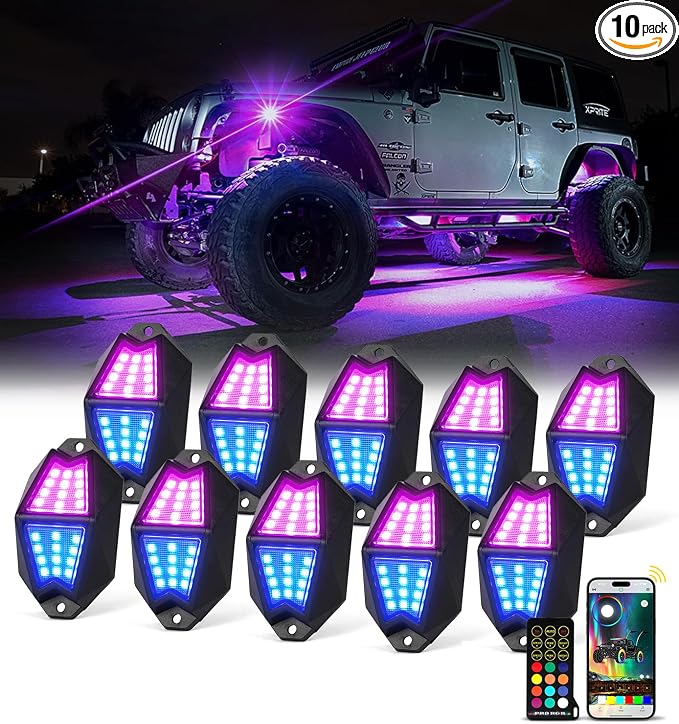 Xprite 10 Pods RGB LED Rock Lights, Aluminum 220° Wide Angle with APP/RF Remote Control, Chasing Effect, Music Sync & Turn Brake Signal Compatible with Truck, Jeep, UTV, ATV