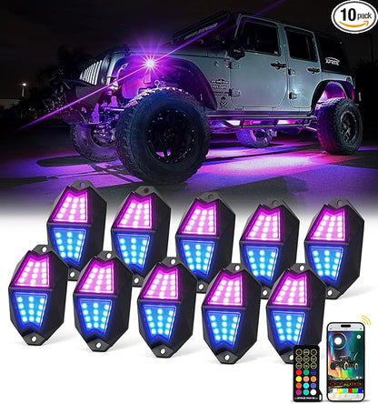 Xprite 10 Pods RGB LED Rock Lights, Aluminum 220° Wide Angle with APP/RF Remote Control, Chasing Effect, Music Sync & Turn Brake Signal Compatible with Truck, Jeep, UTV, ATV