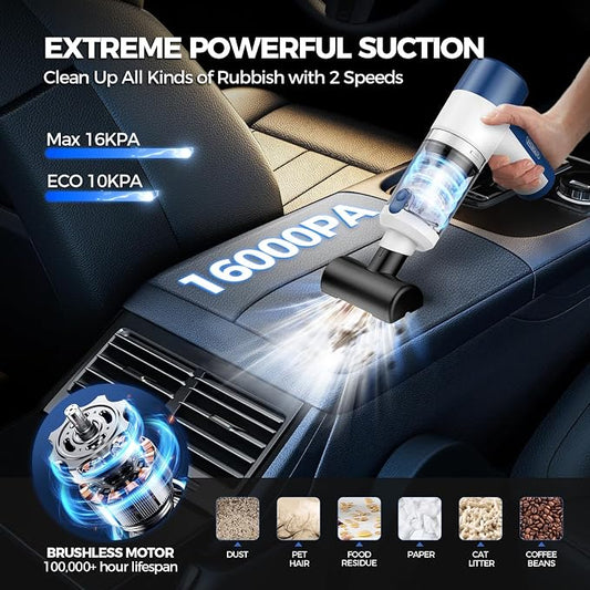 Car Vacuum/Air Duster Portable Cordless - 16000PA High Power Handheld Vacuum with 85,000RPM Brushless Motor, 4-in-1 Rechargeable Mini Vacuum & Blower & Pump for Car Detailing, Home, Office, Pet Hair