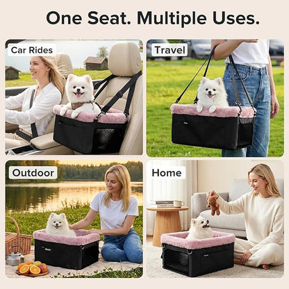 JOEJOY Deluxe Dog Booster Seat with Sturdy Metal Frame and Safety Leash for Small Pets up to 20 lbs - Portable Puppy Dog Car Seat with Thick Cushion and Storage Pockets for Small Dogs, Pink