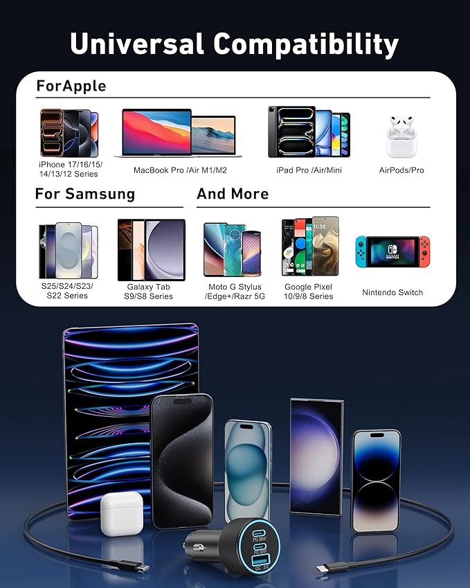 67W 3-Port Super Fast Type C Car Charger USB C for Samsung Galaxy S26 S25 S24 S23 S22 Ultra, iPhone 17/Air/16/15 Pro Max, Android, PD/QC Car Phone Adapter Accessories for Men Women + 3FT USB-C Cable