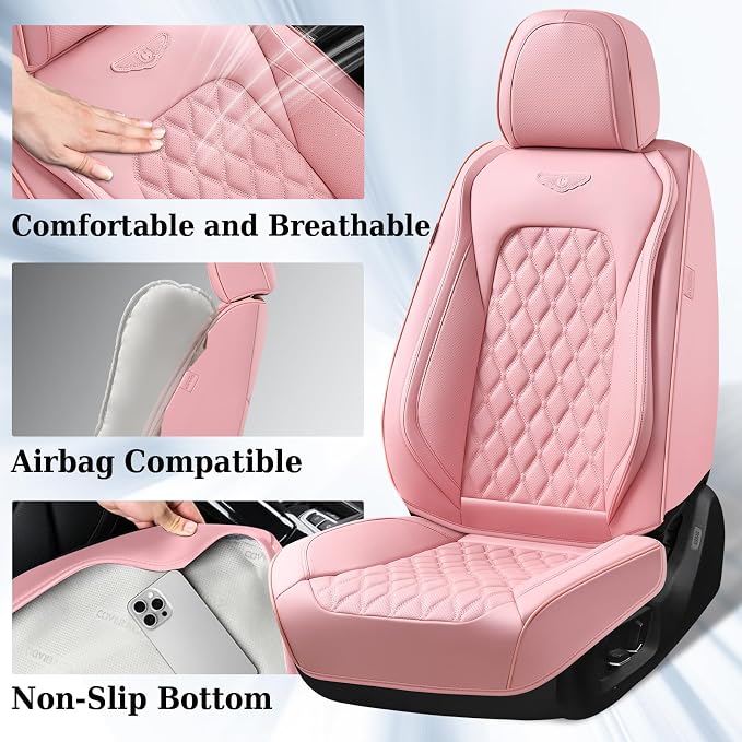 Coverado Front Seat Covers, Luxury Faux Leather Breathable Waterproof Protectors, Universal Fit for Cars, SUVs, Trucks, Durable Car Seat Protectors, Waterproof Car Cushions – Pink