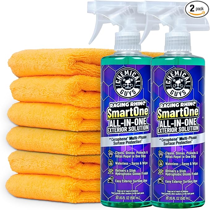 Chemical Guys Raging Rhino Waterless Car Wash And Quick Detailer Spray And Wipe Exterior Cleaner 2 Pack (20 Oz Each) With 6 Premium Microfiber Towels