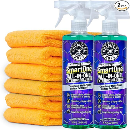 Chemical Guys Raging Rhino Waterless Car Wash And Quick Detailer Spray And Wipe Exterior Cleaner 2 Pack (20 Oz Each) With 6 Premium Microfiber Towels