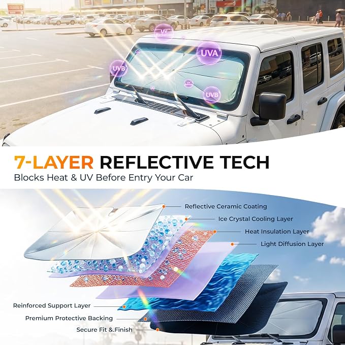 [2026 Upgraded] DooGooCoo Windshield Sun Shade Umbrella for Jeep Wrangler & Gladiator 2011-2026 [100% Sunlight Blocked, Cooling Ice Crystal] Sunshade for Car Windshield for Wrangler Sunshade.