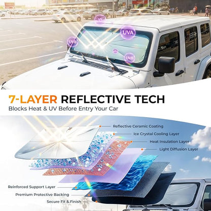 [2026 Upgraded] DooGooCoo Windshield Sun Shade Umbrella for Jeep Wrangler & Gladiator 2011-2026 [100% Sunlight Blocked, Cooling Ice Crystal] Sunshade for Car Windshield for Wrangler Sunshade.