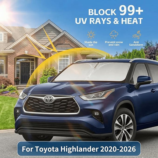 Windshield Sun Shade for Toyota Highlander 2020-2025 2026 Front Window Shade Custom Fit Highlander L LE XLE Limited Platinum Sun Visor Foldable Shade Blocks UV Rays Summer Must Have Accessories