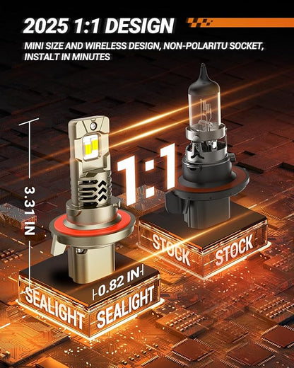 SEALIGHT H13/9008 LED Bulbs, 50,000LM 10X Super Brighter, 1:1 Mini Size, 6500K Cool White, 70,000Hrs Long Service Life with Cooling Fan, Plug and Play, Pack of 2