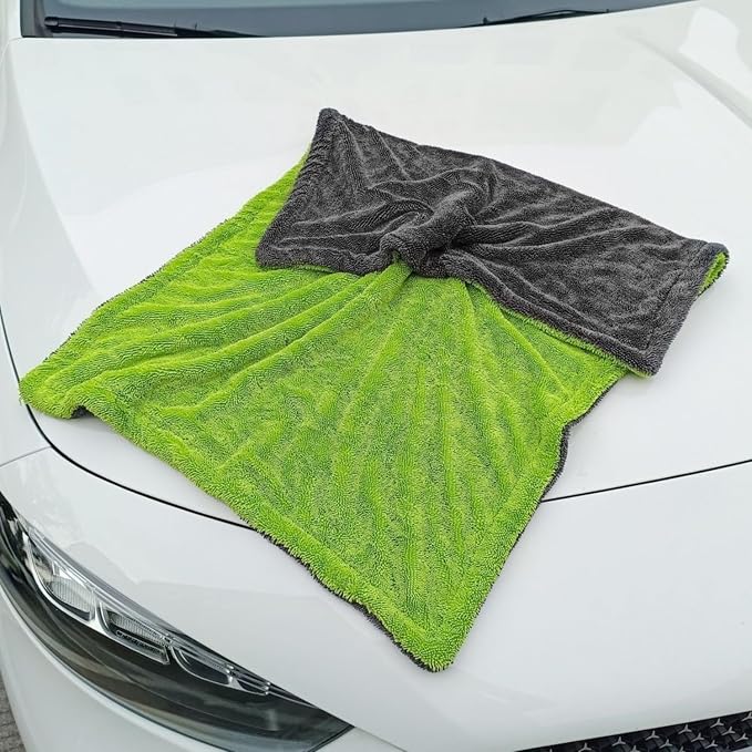 1200GSM Microfiber Car Drying Towel, Double-Twist Loop, Ultra-Absorbent, Quick-Dry, Lint- & Streak-Free, Scratch-Safe, for Car Wash & Detailing (1 Pack) (Dark Grey & Green, 24" x 36")