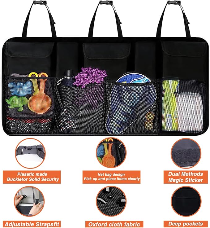 Car Trunk Organizer Large Capacity Back Seat Car Organizer with 8 Pockets Collapsible Car Storage Bag for SUV, Truck, MPV 42.5"*20" - Car Accessories Black