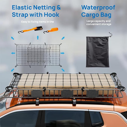 TUFFIOM 84"x 39"x 6" Universal Rooftop Cargo Carrier Basket, Extendable Steel Roof Rack Basket w/Net+Storage Bag+Straps, Heavy Duty Car Top Rack Luggage Holder Carrier for SUV Car Truck Van