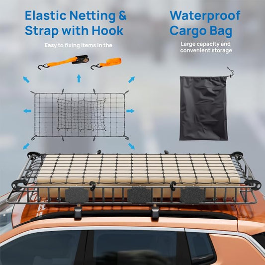 TUFFIOM 84"x 39"x 6" Universal Rooftop Cargo Carrier Basket, Extendable Steel Roof Rack Basket w/Net+Storage Bag+Straps, Heavy Duty Car Top Rack Luggage Holder Carrier for SUV Car Truck Van
