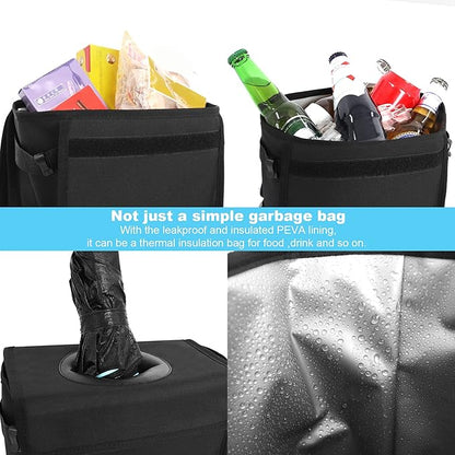 Leak Proof Car Trash Bag Waterproof Garbage Can with Lid for SUV Front Seat Multipurpose Car Hanging for Headrest Collapsible and Portable with Storage Mesh Pocket, Large/ Black