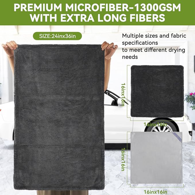 Car Drying Towels Extra Large Super Absorbent 1300gsm with Plush Edgeless, Microfiber Drying Towels for Cars, Trucks, SUVs, 25in x 36in (Grey)