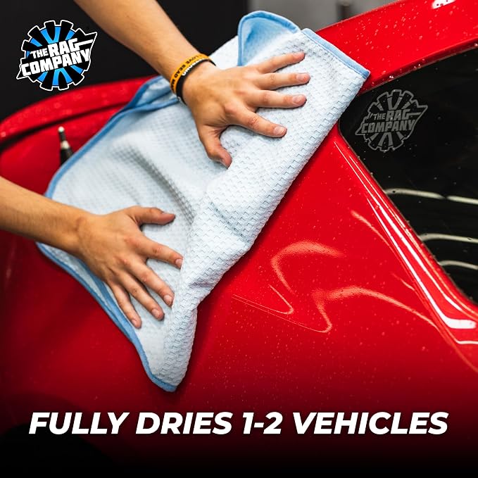 The Rag Company Dry Me A River, Professional Korean 70/30 Blend Microfiber Waffle-Weave Drying & Detailing Towels, Soft Suede Edges, 390 GSM, 20x40 Inches, Light Blue, 2-Pack