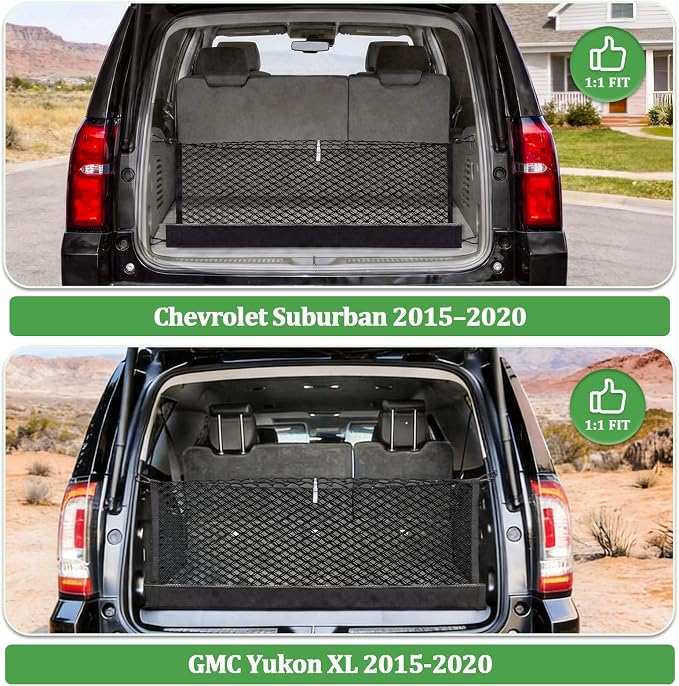 3-Layer Cargo Net for Chevrolet Suburban, GMC Yukon XL 2015-2020, Zipper Bag Trunk Net for SUV, Heavy Duty Oxford Cargo Organizer Storage Nets with Carabiners