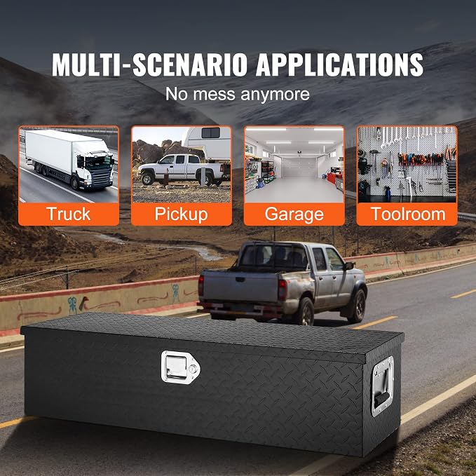 VEVOR Heavy Duty Aluminum Truck Bed Tool Box, Diamond Plate Tool Box with Side Handle and Lock Keys, Storage Tool Box Chest Box Organizer for Pickup, Truck Bed, RV, Trailer, 39"x13"x10", Black