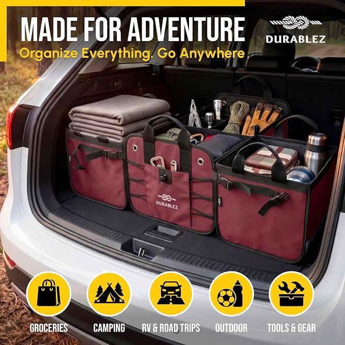 5-Section Trunk Organizer for SUV, Truck, Sedan, Van – Modular Extra Large Cargo Storage Bin, Detachable Car Trunk Organizer with Dividers, Collapsible Auto Organization System – Cherry Red