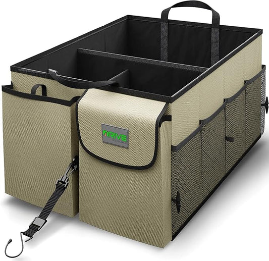 DRIVE - Car Trunk Organizer - Collapsible, Multi-Compartment Automotive SUV Car Organizer for Storage w/Adjustable Straps - Truck & Car Accessories for Women and Men - Tan