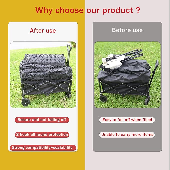 Cargo Net for Utility Folding Wagon, Beach Cart,Trolley Cart, Cover,Garden Cart Cover - Elastic Heavy Duty Nylon Net with 6 Hooks - Outdoor Wagon Accessories (35.5"×23.6" to 71"×47")(6)