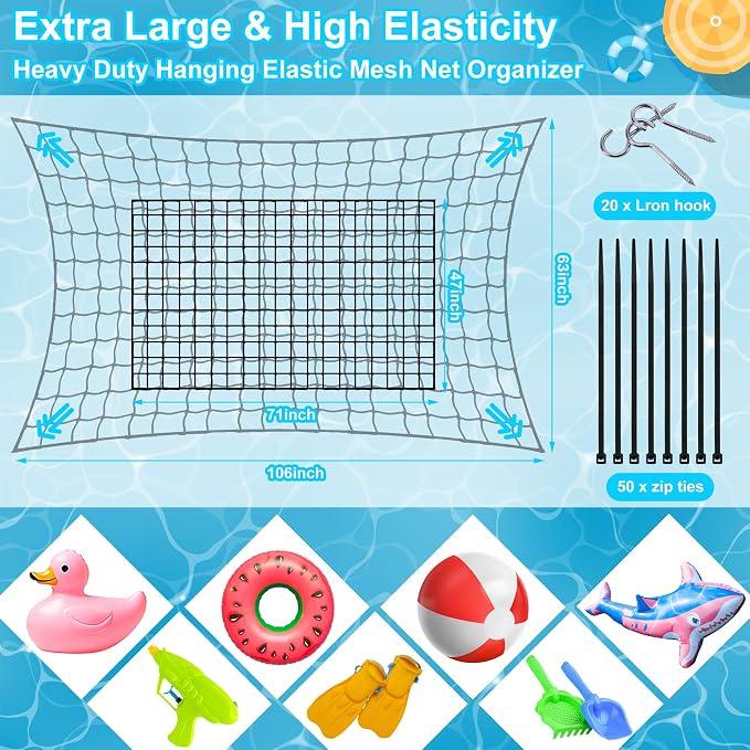 Extra Large Pool Toy Float Storage Net, 71×47'' Heavy Duty Hanging Elastic Mesh Net Organizer with 20 Hooks, 50 Cable Ties, Swimming Poolside Fence Toys Holder for Inflatable Rafts Pool Noodles Balls