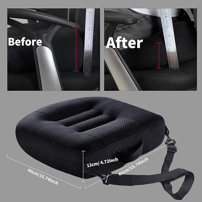 Universal Booster Seat Cushion with Adjustable Height, Breathable Mesh Portable Design with Straps, Improve Vision Improve Sitting Posture Stress Relief Driving Office Family Outdoor - Black