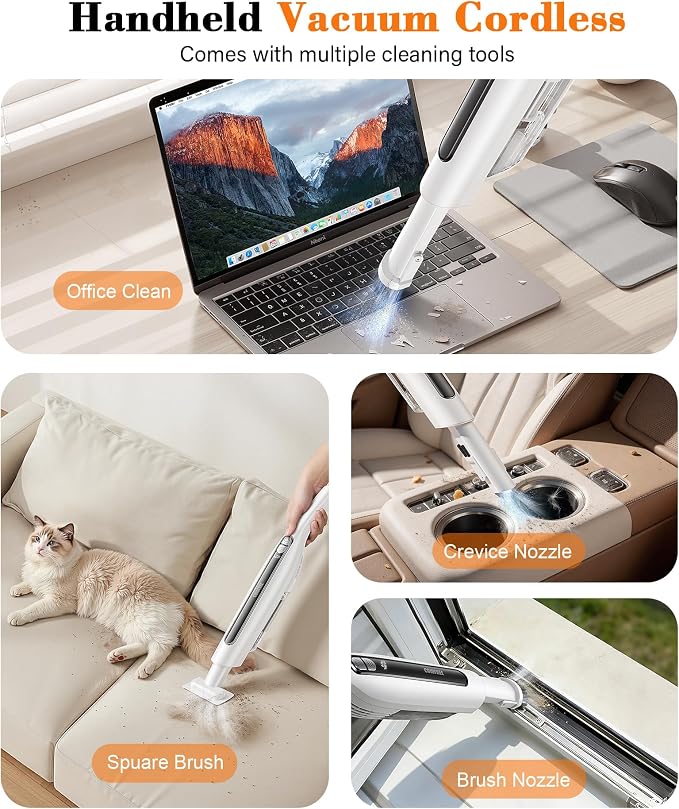 Cordless Handheld Vacuum,24KPA Powerful Hand Held Vacuum,Portable Rechargeable Car Vacuum Cleaner with Brushless Motor,Charging Dock and Washable Filter for Car,Home,Office,Pet Pair,White