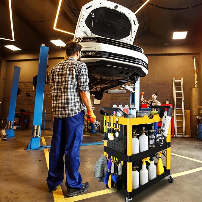 Auto Detailing Cart with Wheels, 3 Tier Car Detailing Cart with Hanging Boards & Hooks, Car Wash Rolling Organizer Cartfor Garage Workshop DIY Home