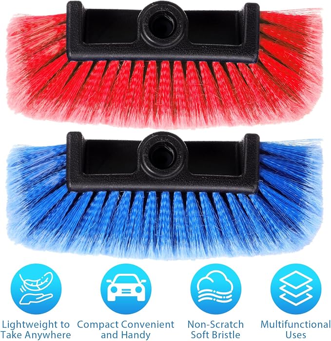 Vesici Car Wash Brush Head with Soft Detailing Bristle Flow Thru Car Cleaning Brush Exterior Car Wash Equipment for Auto Truck RV Boat Camper Washing, 10 Inch(Red, Blue,2 Pcs)