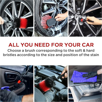 TAKAVU Complete Car Wheel Detailing Kit (8pcs) - Safe Scratch-Free 17" Barrel Brush, Tire Scrubber, 5 Detail Brushes & Towel for Rims, Interior, Exterior
