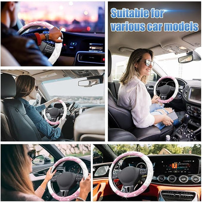 SuperKaKa Pink Steering Wheel Cover, Auto Cute Girly Car Interior Accessories Coquette Aesthetic Decoration Stuff