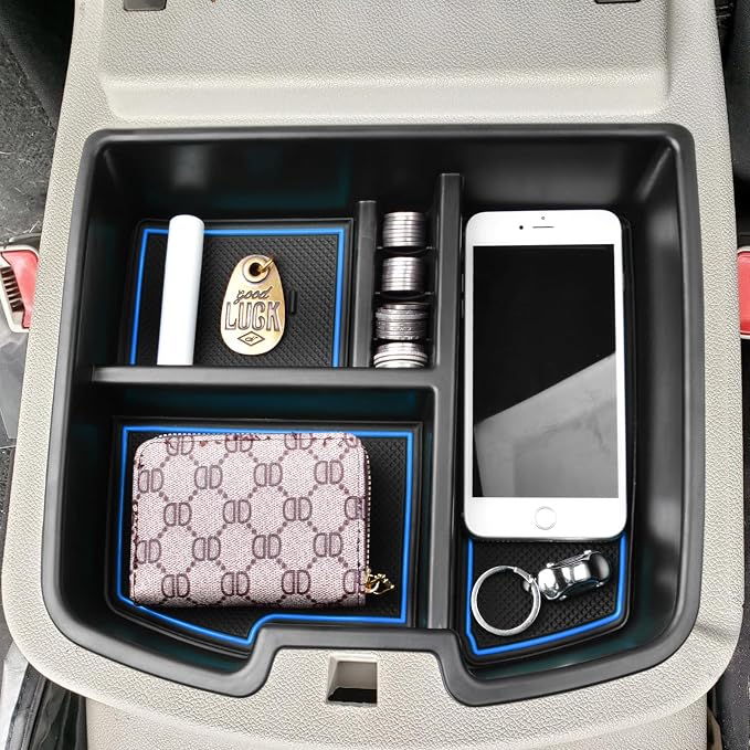 HGWEI Center Console Organizer Compatible with 2007-2014 Chevy Silverado GMC Sierra Avalanche Tahoe Suburban Yukon Yukon XL Accessories, Floor Mounted Center Console ONLY,Blue Trim