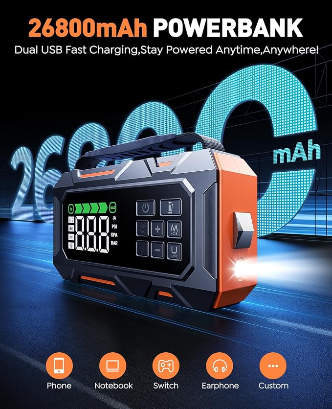 TREKURE 16-in-1 8000A Car Battery Jump Starter with Air Compressor 160PSI, Jump Starter Jump Box (All Gas 12L Diesel) with Portable Jumper Cables, Auto-Shutoff Tire Inflator, Gloves, Tow Rope