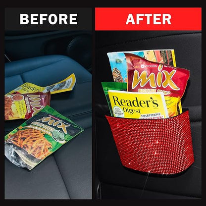 Cavalcade Car Trash Can, Hanging Trash Bin, Leakproof Garbage Organizer, Bling Vehicle Waste Basket, Mini Dustbin Container with Clip for Car, Office, Kitchen, Bedroom, Home and More, Red, Small