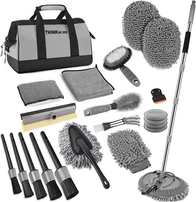 THINKWORK Car Wash Kit, 62'' Car Washing Brush with Long Handle, Extendable Car Wash Brush Mop with 2-in-1 Windshield Squeegee and 9Pcs Detailing Brushes, Gray Car Detailing Kit Gift for Men