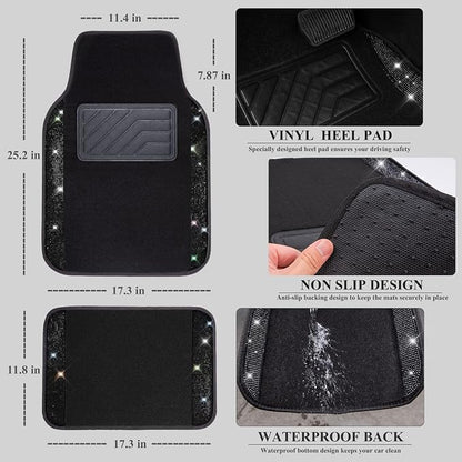 CAR PASS Bling Diamonds Car Seat Covers Front Seats Black Leather Shining Rhinestone Car Floor Mats Carpet with Anti-Slip Nibs Sparkly Glitter Crystal Car Accessories Set Universal for Girl Women