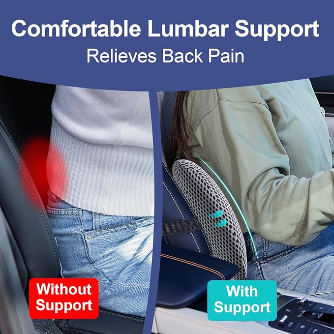BYMECOST Lumbar Support Pillow for Car, Memory Foam Car Seat Back Support Pillow for Driving, Back Cushion with Strap for Pain Relief, Ergonomic Back Cushion for Office Chair, Wheelchair (Grey)