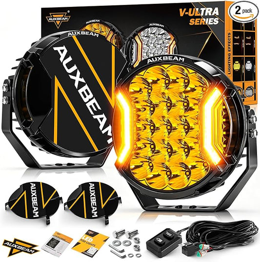 Auxbeam V-Ultra 9" Round Amber Pod Lights, 270° Ultra-Wide Side Shooter Spotlights with Amber DRL& Black Cover, 300W 35600LM Universal Dual Color Off-Road Driving Fog Light Bar for Jeep Truck ATV