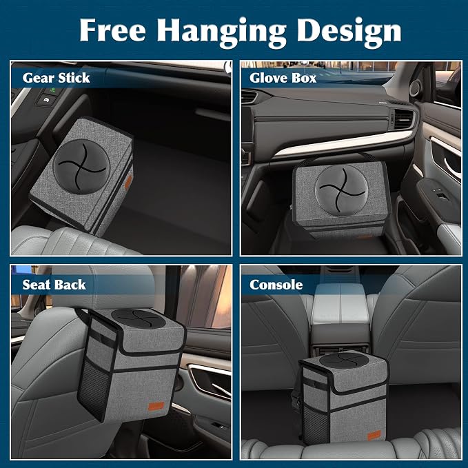 Femuar Car Trash Can Leak Proof Car Trash Bag Waterproof Car Garbage Can with Lid for SUV Front Seat Multipurpose Car Hanging for Headrest Collapsible and Portable with Storage Mesh Pocket, Grey