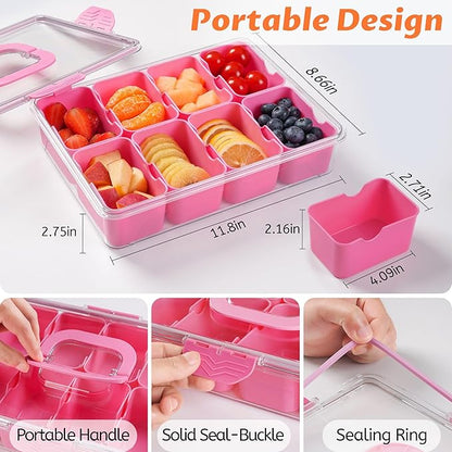 Snackle Box Container, Dishwasher Safety - Divided Serving Tray with Lid and Handle, Charcuterie Board for Portable Snack Platters - Organizer for Fruits Snacks - Perfect for Road Travel Party - Pink