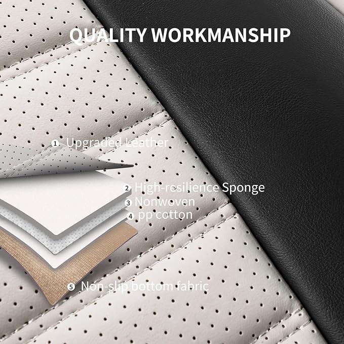 HChengkikz Car Seat Covers Front Pair, Breathable Nappa Leather Seat Covers for Cars, Universal Auto Interiors Car Seat Cushions for Most Sedans SUV Truck (2 PCS Front Seat, Black + Cream)