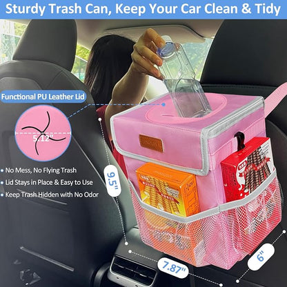 ELONGRIVER Car Trash Can for SUVs, Trucks, Vans - Pink, 2 Gallons Capacity, Leak-Proof Liner, Utility Clasps, Cute Design