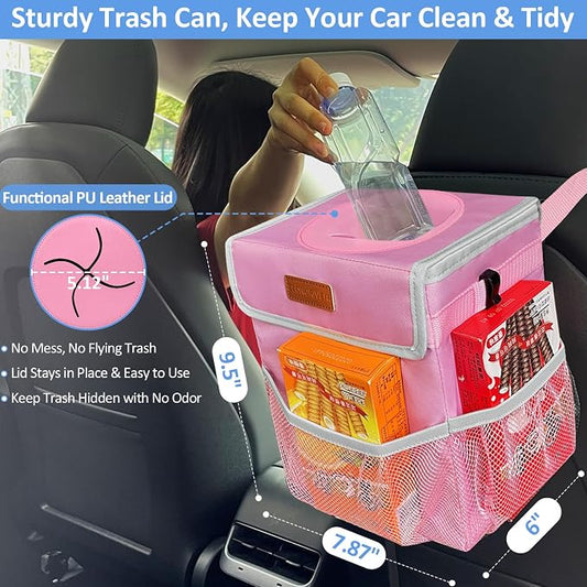 ELONGRIVER Car Trash Can for SUVs, Trucks, Vans - Pink, 2 Gallons Capacity, Leak-Proof Liner, Utility Clasps, Cute Design