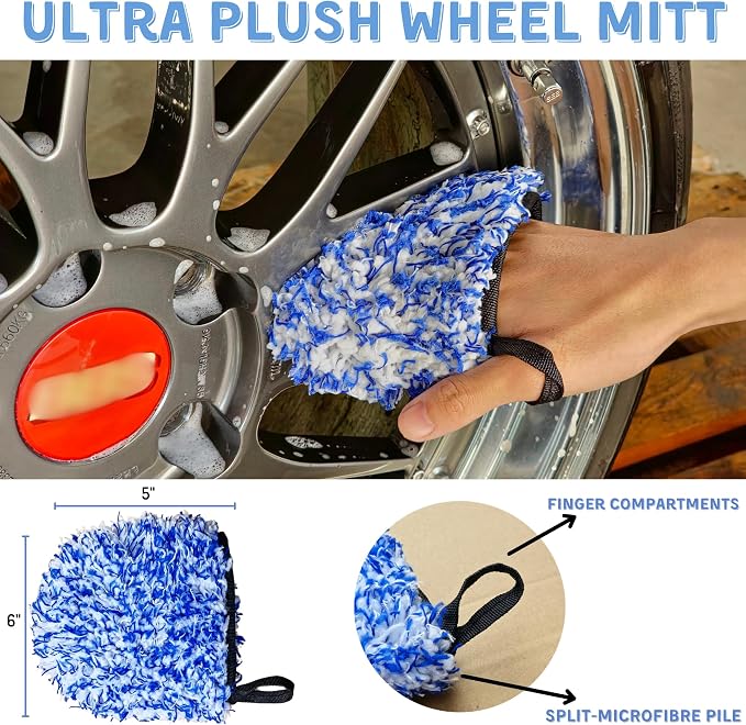 oesee 7PCS Car Wheel Rims Detail Cleaning PRO Wash Kit, Wheel Wash Mitt, Tire Brush, 2PCS Soft Wheels Brush, Detailing Brush, and Tire Dressing Pads, Microfiber Dry Towel Scratch-Free Cleaning